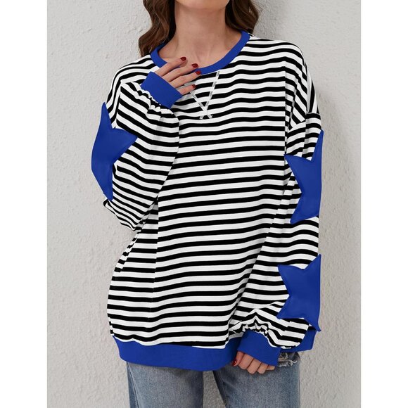 Women Oversized Cotton Blend Striped Star Crew Neck Pullover Sweater - Picture 5 of 7